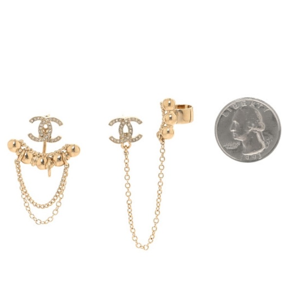 CHANEL Metal Crystal CC Chain Cuff Earrings Gold - Picture 2 of 5